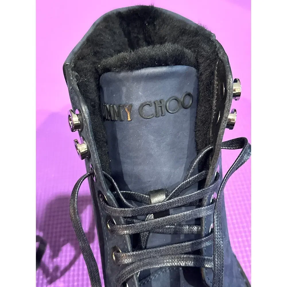 New Jimmy Choo Leather Boots Size 7 Lamb Shearling Fur Pom Pom Made in Italy